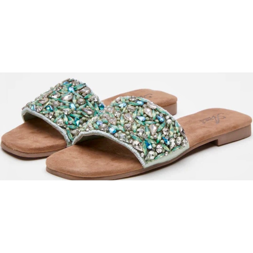 Azura Sizzling Jeweled Leather Flat Sandals Blue Green Embellished Slides size 6